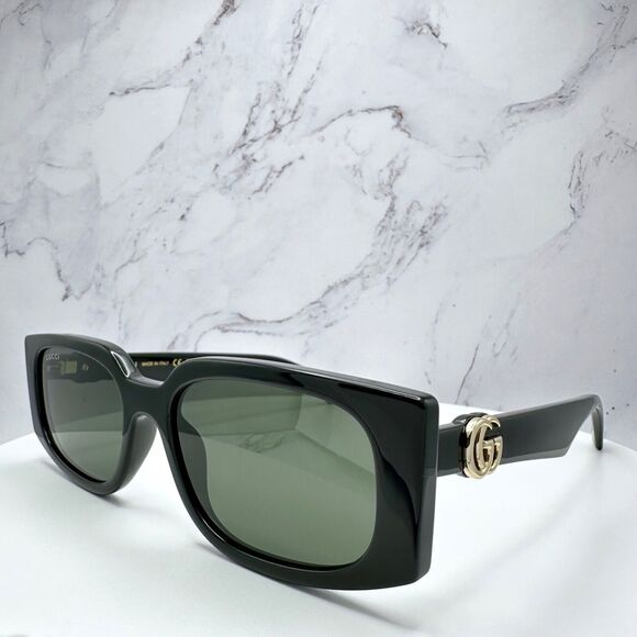 New Gucci Sunglasses Black Square Rectangular Gold Interlocking GG Metal Logo - Picture 9 of 16